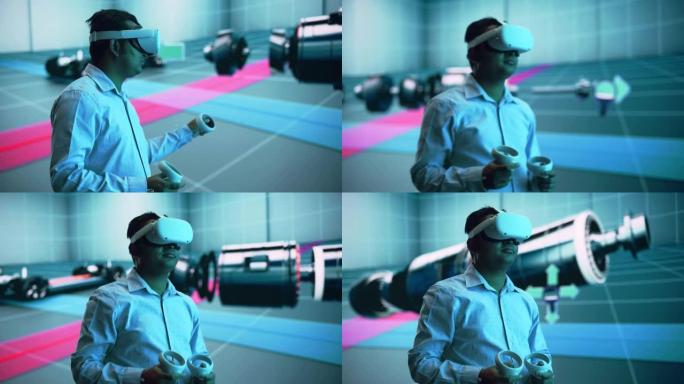 汽车工程师使用VR软件在大数字屏幕上的交互式环境中展示电动机和车辆平台。使用耳机和控制器的多种族男性