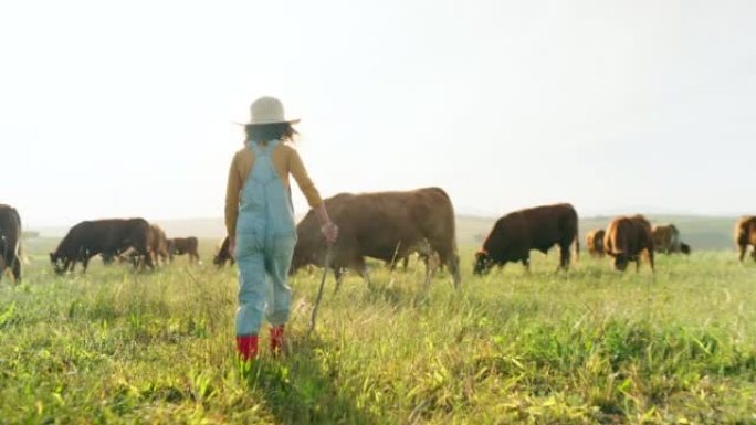 家庭，农业和农村农民，有女童指点，表现出关怀，并学习牛，牛或动物。快乐的男人和女人的父母与孩子在肉，