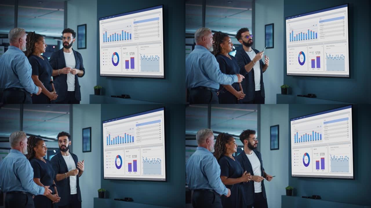 公司运营经理为一组经济学家举行会议演示。成年男性使用电视屏幕进行增长分析，图表，统计和收入。人们在商
