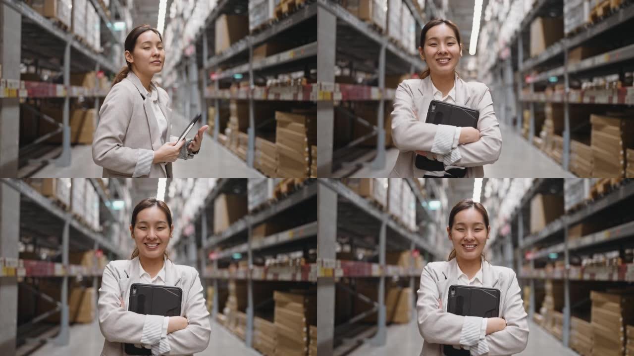 亚洲女商人站在数码平板电脑上的架子前，微笑着看着相机