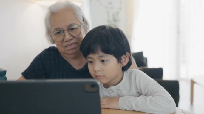 奶奶和孙子在家一起做作业。