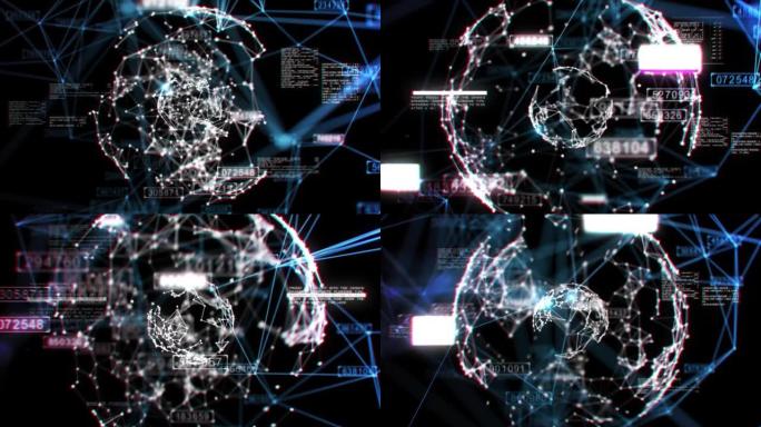 人工智能抽象运动设计三维动画围绕网络球体网格可循环数字技术概念的快速移动摄像机。