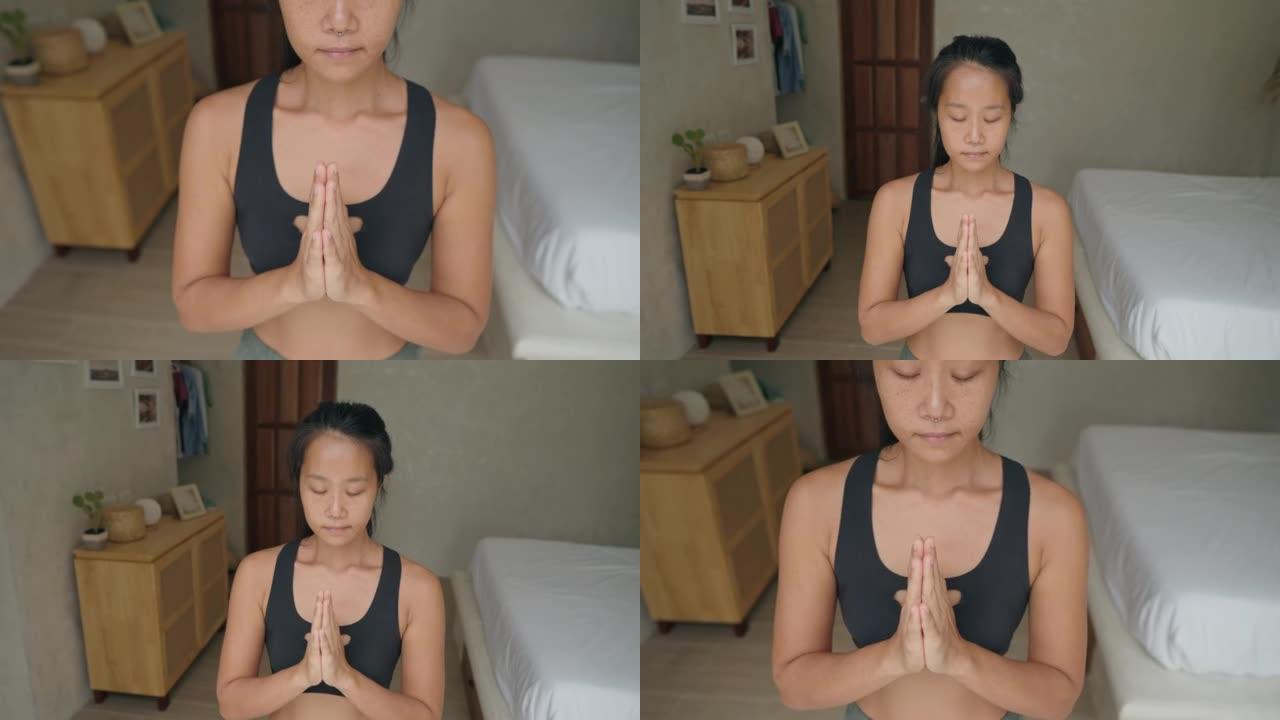 日本女子以祈祷姿势冥想