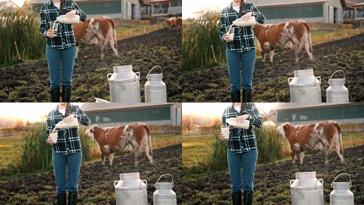 SLO MO年轻女子将牛奶倒入牧场的玻璃杯中