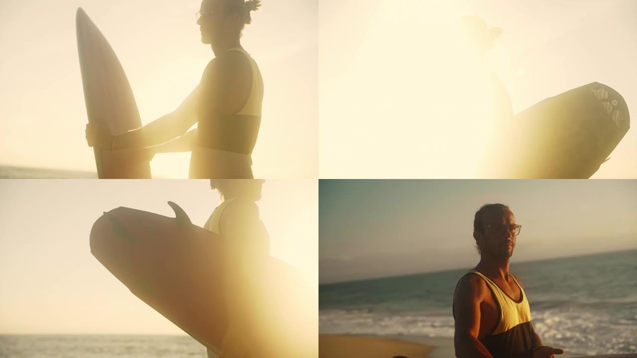 男子站在海滩上，检查冲浪板，在日落时看着大海