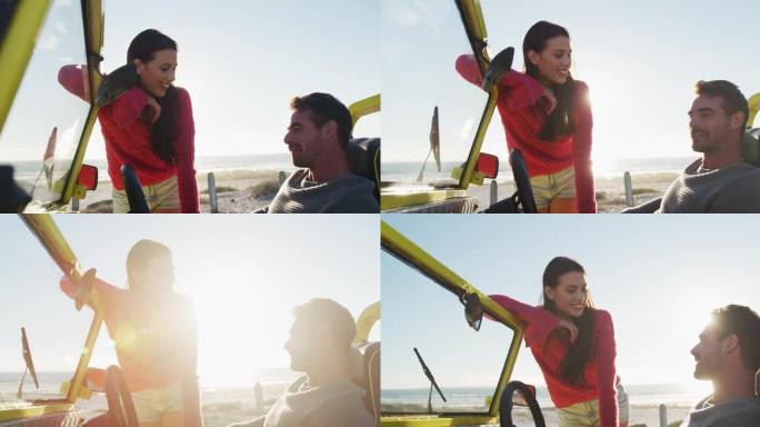 快乐的高加索女人站在坐在海边沙滩车里的男人旁边