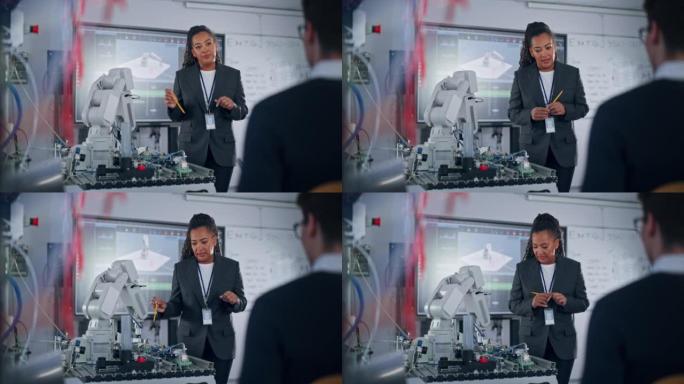 先进的机器人技术初创公司总工程师在非公开会议上展示了创新的机器人手臂。未来自主设计的人工智能机器人手
