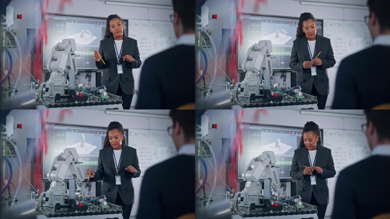 先进的机器人技术初创公司总工程师在非公开会议上展示了创新的机器人手臂。未来自主设计的人工智能机器人手