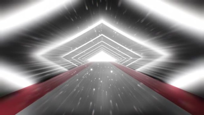 飞过黑暗的隧道。慢动作中的抽象3D动画。照明走廊的概念，室内设计，宇宙飞船，科学，技术，科学，建筑，