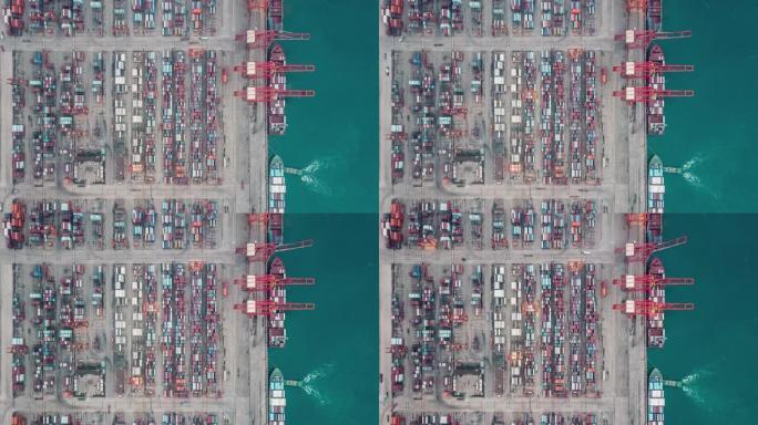 带集装箱船的繁忙工业港口的T/L俯视图