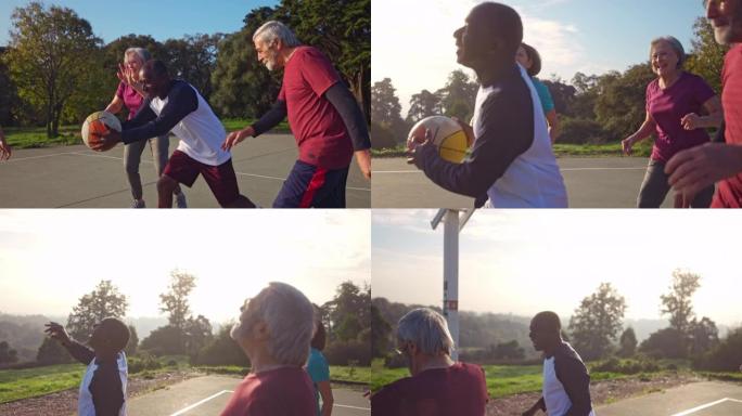 非裔美国人与一群朋友一起打篮球