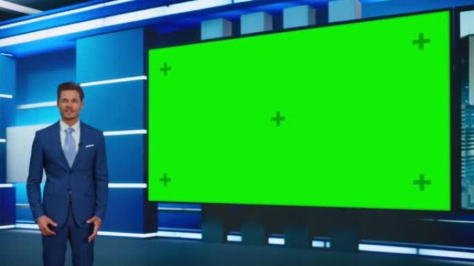 脱口秀电视节目: 英俊的白人男性主持人站在演播室，使用绿色色度键屏幕。新闻主持人，主持人谈论新闻，天