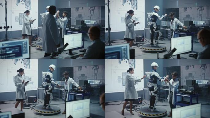 在机器人技术开发实验室: 工程师和科学家研究仿生外骨骼原型，并进行人员测试。设计可穿戴的Exosui