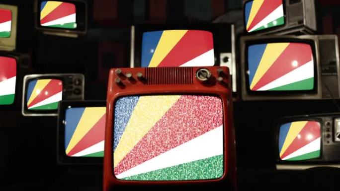 塞舌尔旗帜和复古电视。