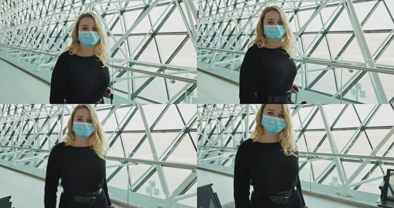 戴着医用口罩的妇女在机场候机室带着行李行走