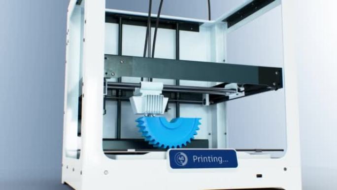3d打印机的工作过程。齿轮备件印刷插图。现代自动制作技术精美的3d动画延时。工业商业概念