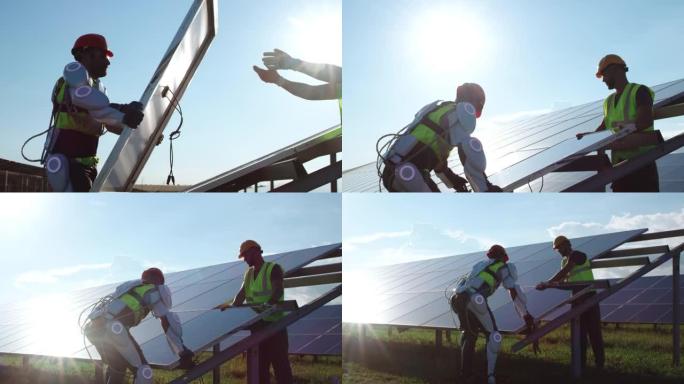 男性技术人员在蓝天下组装太阳能电池板