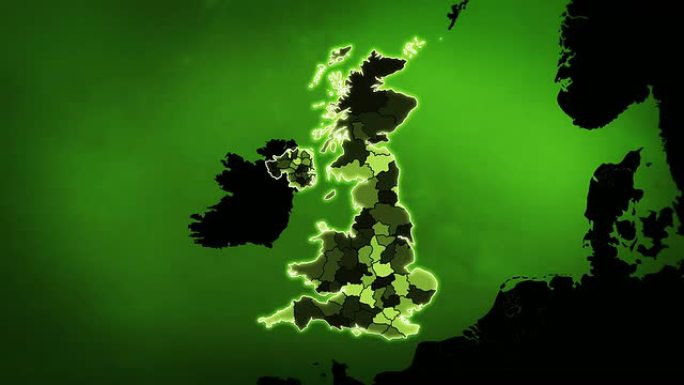 英国地图上有行政单位、机场和道路。绿色。