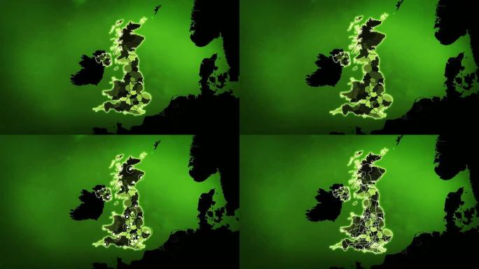 英国地图上有行政单位、机场和道路。绿色。