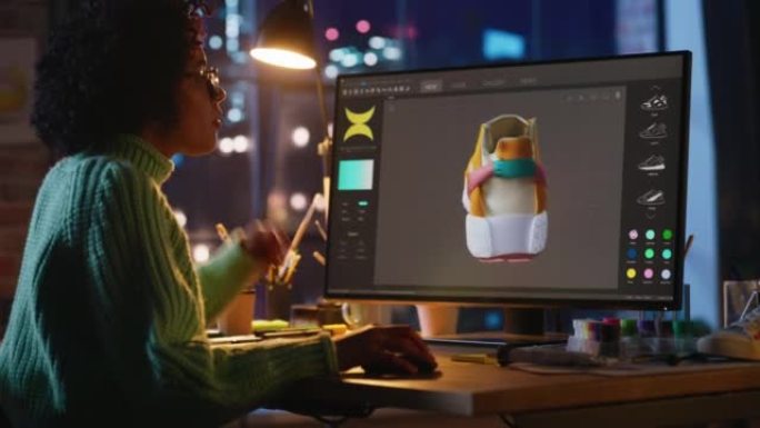 黑人青少年妇女在晚上工作时在个人电脑上创建和渲染独特运动鞋的3D模型。自由职业者和千禧一代的概念