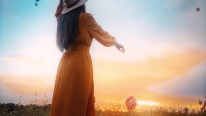 农村无忧无虑的年轻女子在日出时看着热气球