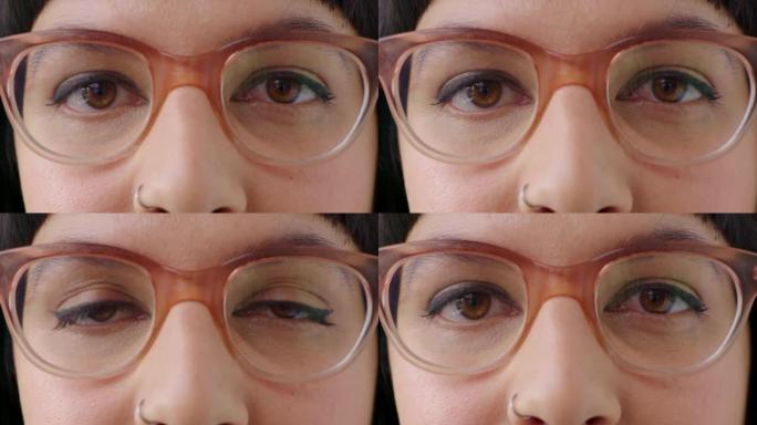 视力和视力处方眼镜。一个女人在拜访验光师时戴眼镜的特写镜头。寻找新眼镜以纠正散光等问题的女性的脸
