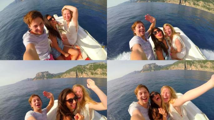 在意大利乘船游览时，一群年轻朋友在一起的4k视频片段