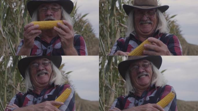 兴奋的高级农民亲吻玉米
