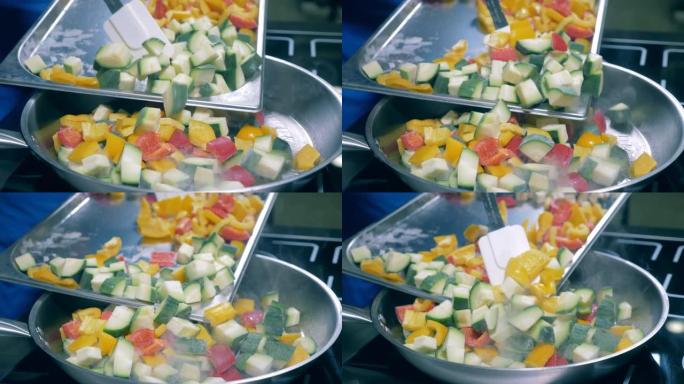 人煮冷冻蔬菜混合物。