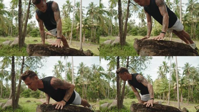 男子在热带森林中锻炼