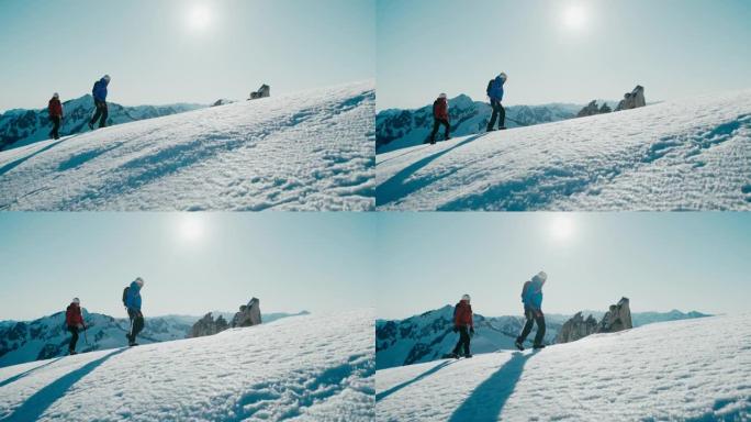 在山上徒步旅行升格慢动作慢镜头冰雪大雪