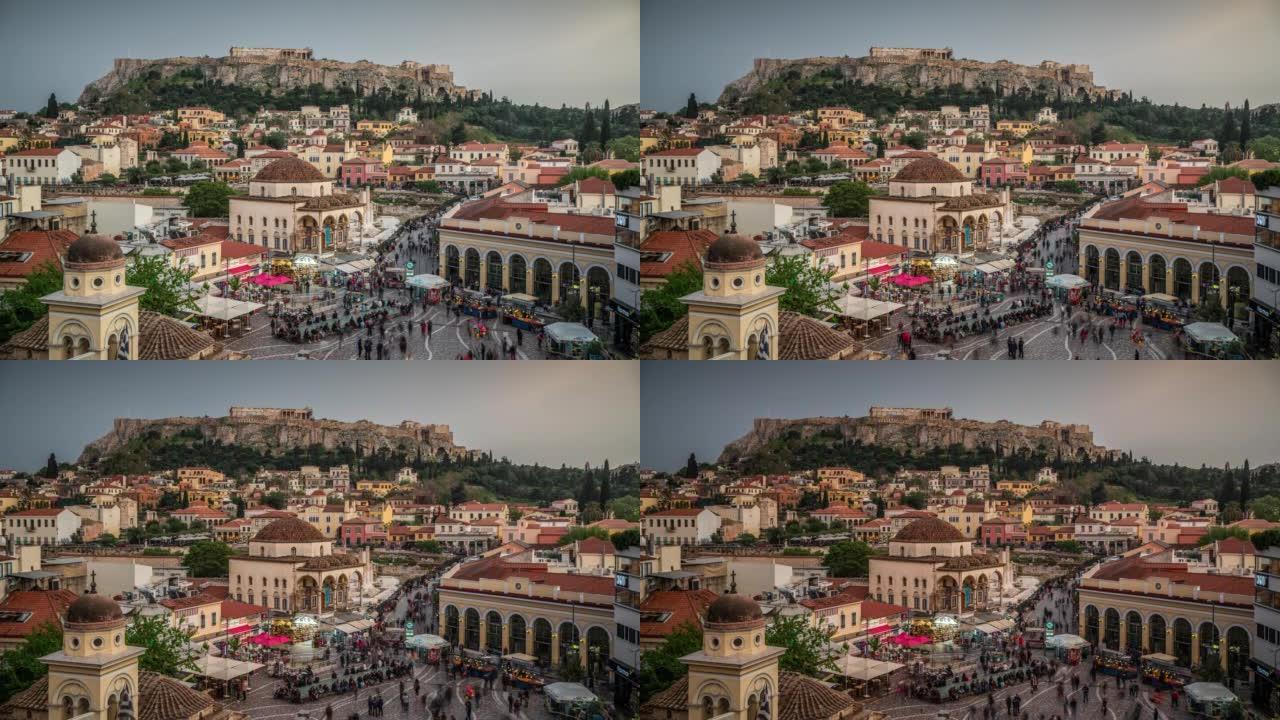 雅典-希腊的Monastiraki广场和普拉卡的延时拍摄