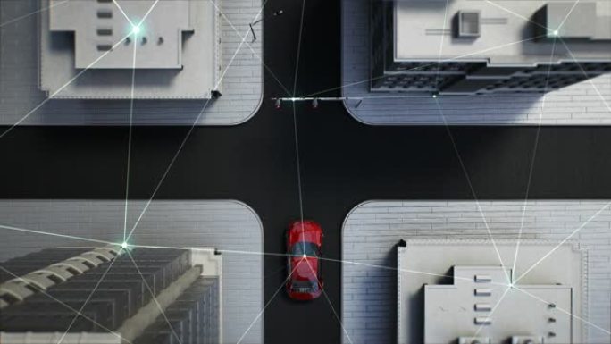 自动驾驶汽车在十字路口连接交通物联网系统，顶视图，4k动画。