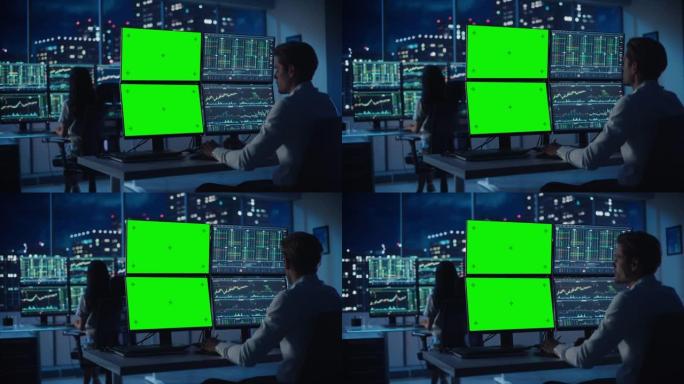 财务分析师在计算机上工作，该计算机具有带有绿屏色度键模拟模板和实时股票图表的多显示器工作站。商人在傍