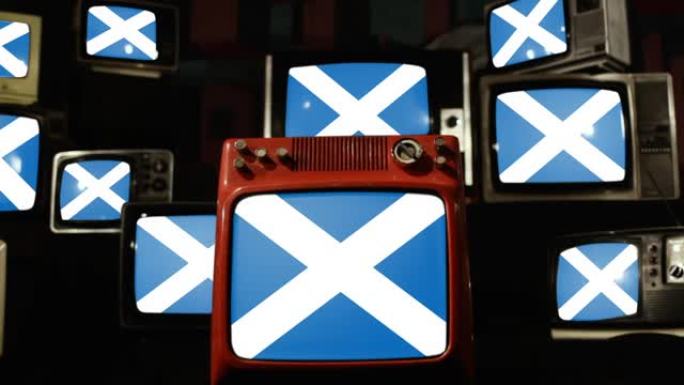 苏格兰旗和复古电视机。