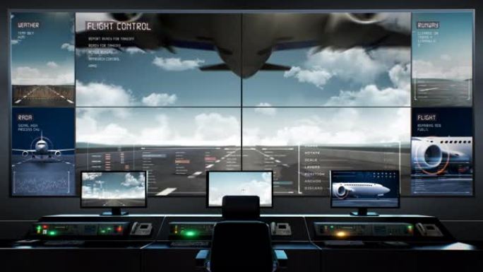 3D飞机在带有机场控制塔室的跑道上起飞。旅游。世界旅游。4k动画1。