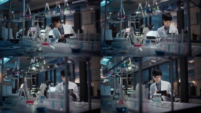 医学发展实验室: 东亚科学家使用数字平板电脑，在显微镜下观察，进行实验。生物技术研究医学制药实验室。