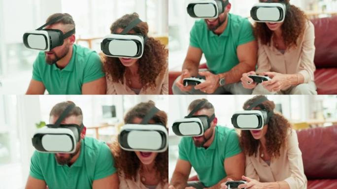 虚拟现实，眼镜和夫妇坐在沙发上玩控制器在线游戏。技术，metaverse和男女视频游戏，在客厅放松时