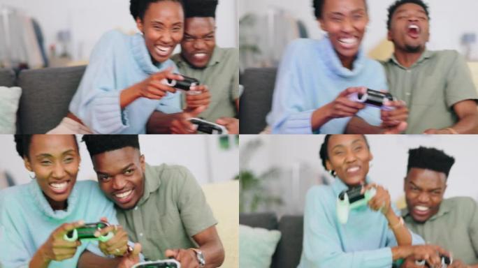 疯狂的夫妇玩视频游戏，玩得开心，在家一起在线游戏。有趣的黑人男女拿着操纵杆控制器在沙发上放松和享受他