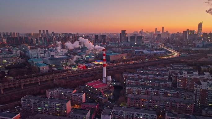 辽宁沈阳快速路城市夜景航拍烟囱