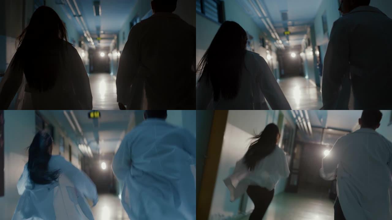 SL两名身穿实验室外套的医生在医院走廊上奔跑