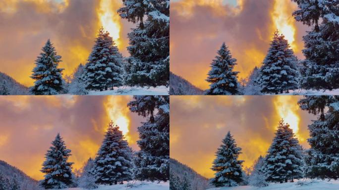 风景如画的日落在乡村上空被新鲜的粉末雪覆盖。