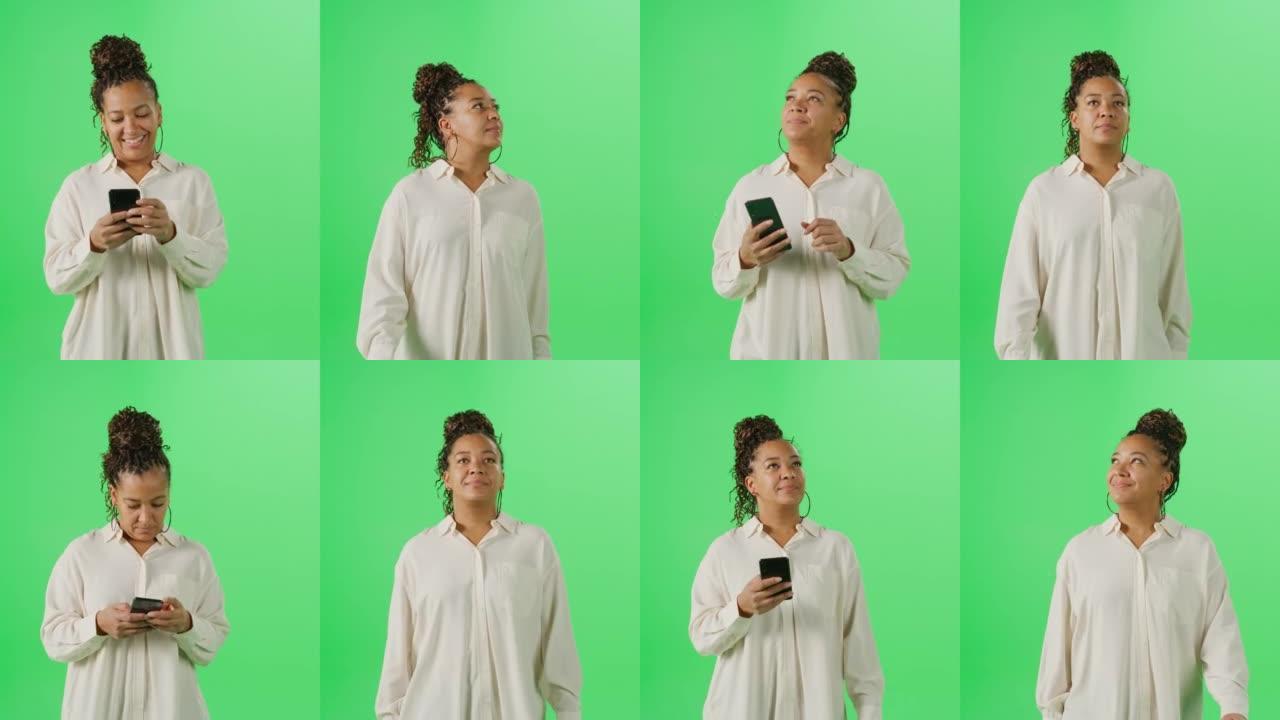 分割绿屏蒙太奇: 黑人妇女在走路时使用智能手机，环顾四周。旅行的概念，使用手机进行社交媒体，应用程序