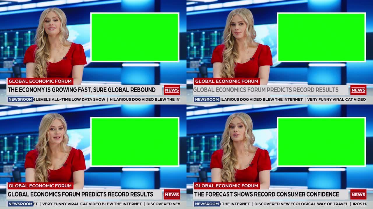 新闻编辑室电视工作室直播新闻节目: 高加索女性主持人报道，绿屏色度键屏幕图片。电视有线频道主播女人谈
