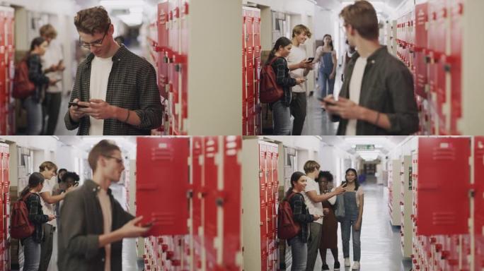 一个十几岁的男孩在储物柜旁边使用智能手机并在高中时被欺负的4k视频片段