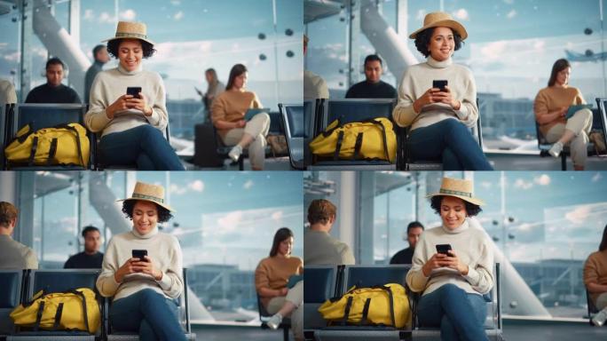 机场航站楼: 快乐的黑人妇女等待航班，使用智能手机，浏览互联网，在社交媒体上发帖，在线购物。在航空枢