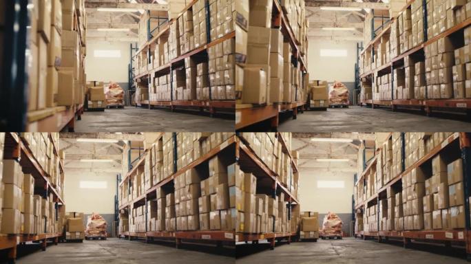 空仓库，工厂或存储设施，装满箱子或库存，准备分发。大型物流或仓库中心，装满包裹或货物，准备交付或运输