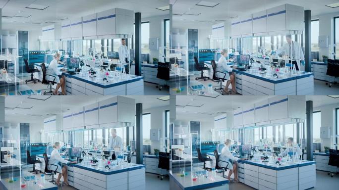 医学实验室与不同的生物化学科学家团队开发药物，女性微生物学家在计算机上工作，显示DNA研究界面。高科