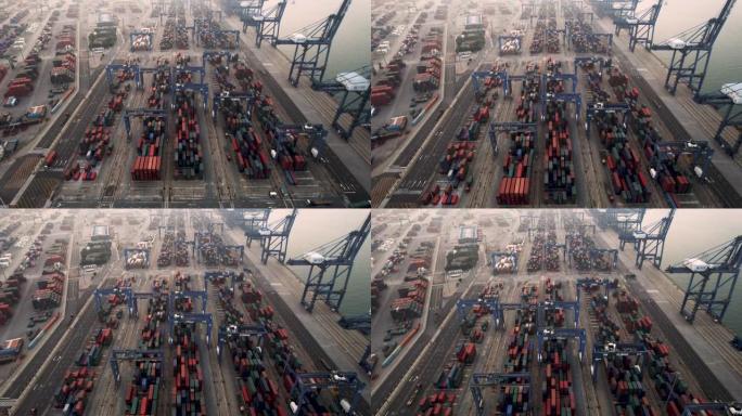 集装箱船繁忙工业港口的无人机视点