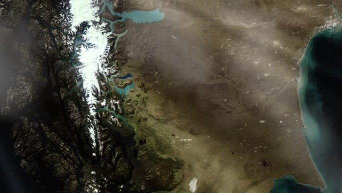洛斯冰川国家公园、托雷斯德尔潘恩国家公园和南美洲南部巴塔哥尼亚冰原，从太空看，卫星景观。